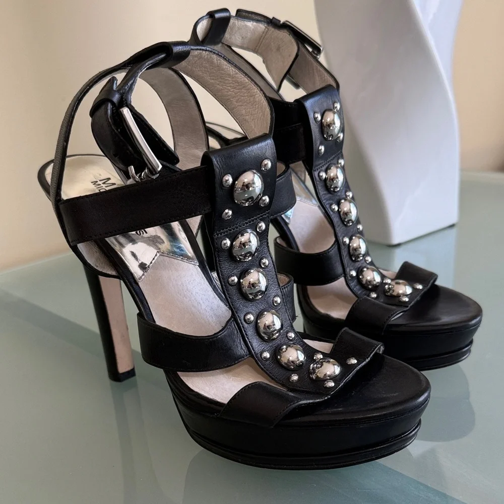 Michael Kors Black Leather Stiletto Sandals Size 9 Silver Studded Platform Heels